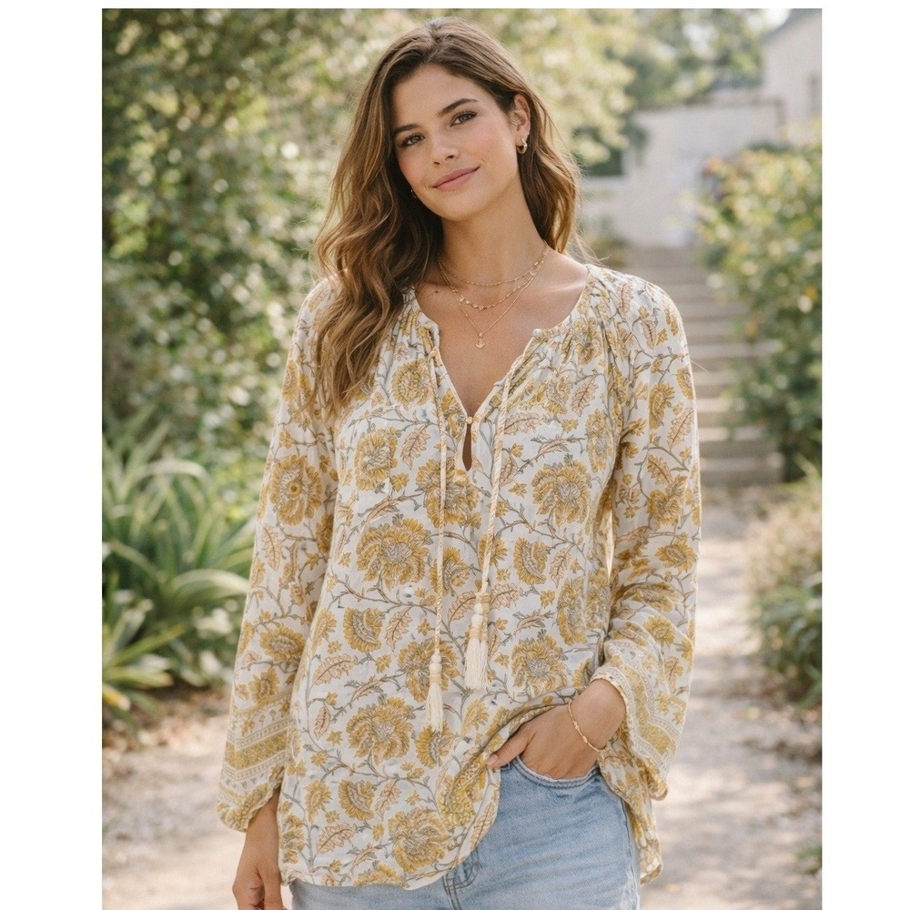 Cleobella Floral Boho Tassel Tie Tunic Top Cotton XS Yellow